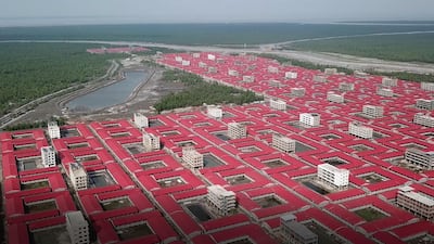 Buildings intended to accommodate members of the Rohingya refugee community on the silt islet Bhashan Char in the Bay of Bengal, Bangladesh. AFP
