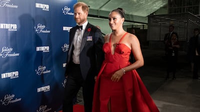 Prince Harry and Meghan Markle, the Duke and Duchess of Sussex, arrive at the Intrepid Sea, Air & Space Museum for the Salute to Freedom Gala Wednesday, November 10, 2021, in New York. AP