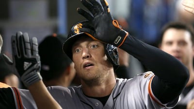 Hunter Pence hit a grand slam against the Dodgers on Saturday night. Stephen Dunn / Getty Images / AFP