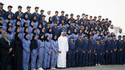 Sheikh Mohamed bin Zayed, Crown Prince of Abu Dhabi and Deputy Supreme Commander of the UAE Armed Forces, stands for a group photo with Ministry of Education 'Giving Ambassadors', during a Sea Palace barza. Rashed Al Mansoori / Ministry of Presidential Affairs
