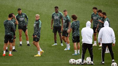 Real Madrid midfielder Federico Valverde training with teammates. Reuters