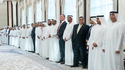 Sheikh Mohamed bin Zayed receives Special Olympics sponsors during an iftar reception at Al Bateen Palace. Rashed Al Mansoori / Ministry of Presidential Affairs