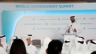 Mohammed Al Gergawi , Minister of Cabinet Affairs and the Future speaks during the World Government Summit press conference. Pawan Singh / The National