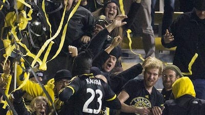 Columbus Crew forward Kei Kamara celebrates after scoring the winner against Montreal Impact in the MLS play-offs on Sunday. Greg Bartram / USA Today Sports / November 8, 2015