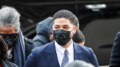 Jussie Smollett arrives with family and lawyers for the first day of his trial in Chicago for reportedly staging an attack on himself. EPA