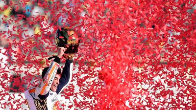 Repsol Honda Team's Spanish rider Marc Marquez celebrates winning the Valencia MotoGP. Jose Jordan / AFP Photo / November 12, 2017