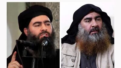 ISIS leader Abu Bakr Al Baghdadi in his first public appearance in Mosul, Iraq on July 5, 2014, left, and at right, on Monday, April 29, 2019. ISIS / Al Furqan Media Network / AP