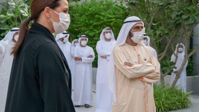 Sheikh Mohammed bin Rashid, Vice President and Ruler of Dubai, pictured with Minister of State for Food Security, Mariam Al Mheiri, at Food Tech Valley in May 2020.