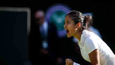 Britain's Emma Raducanu celebrates after winning the first set. AFP