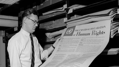 One of the first documents published by the UN, The Universal Declaration of Human Rights, which was ratified in 1948, is seen in New York. Getty Images