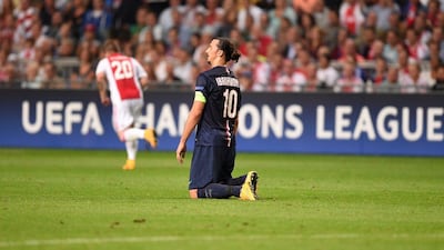 Paris Saint-Germain's Zlatan Ibrahimovic reacts during his side's Uefa Champions League draw against Ajax on Wednesday night. Emmanuel Dunand / AFP / September 17, 2014