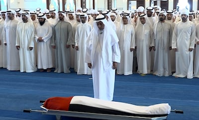Sheikh Mohammed bin Rashid, Sheikh Hamdan bin Mohammed and Sheikh Maktoum bin Mohammed perform the funeral prayers for Sheikh Ahmed bin Rashid. Dubai Media Office / X