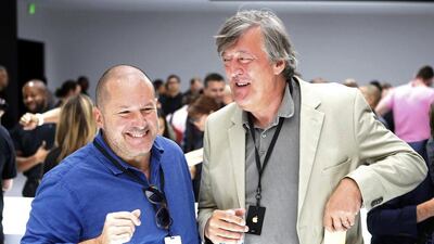 Apple chief design officer Jonathan Ive speaks with actor Stephen Fry. Beck Diefenbach / Reuters
