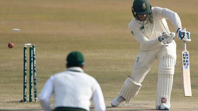 South Africa's Rassie van der Dussen is bowled by Pakistan's Hasan Ali. AFP