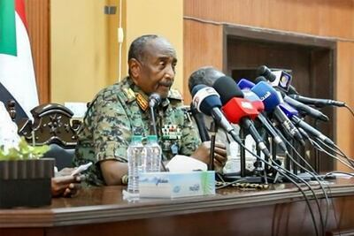Sudanese army chief General Abdel Fattah al-Burhan giving a press conference in Port Sudan. AFP