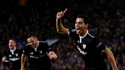 Sevilla’s Wissam Ben Yedder celebrates scoring one of his two goals that knocked Manchester United out of the Champions League. Action Images via Reuters/Jason Cairnduff