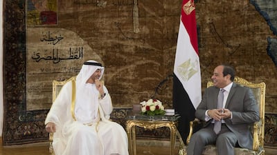 Sheikh Mohammed bin Zayed, Crown Prince of Abu Dhabi and Deputy Supreme Commander of the Armed Forces and Egyptian president Abdel Fattah El Sisi met for talks at Heliopolis Palace in Cairo on Thursday . Mohamed Al Hammadi / Crown Prince Court – Abu Dhabi