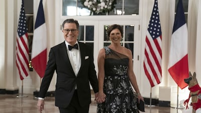 Television host Stephen Colbert, left, and his wife Evelyn McGee-Colbert arrive. Bloomberg