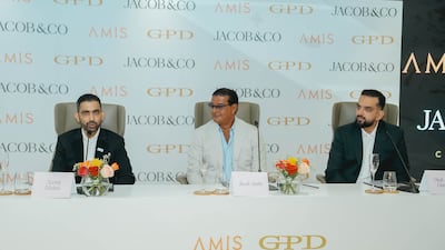 Jacob Arabo, founder, chairman and creative director of Jacob & Co, centre, with Neeraj Mishra, founder and CEO of AMIS GPD Development, left, and Shah Azim Hameed, shareholder of AMIS GPD Development. Supplied Image