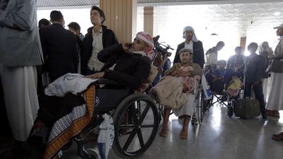 Wounded Houthi fighters wait to be evacuated from the Sana'a International Airport ahead of upcoming peace talks, in Sana'a, Yemen, 03 December 2018. EPA