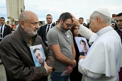 Pope Leo XIV blesses relatives of victims of the Beirut port blast. EPA