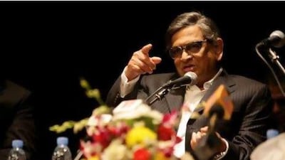 S.M. Krishna at the meeting at the Indian Embassy in Abu Dhabi last night.