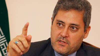 Iran's ambassador to Venezuela Hojjatollah Soltani speaks during an event in support of the Palestinian people, at the Iranian embassy in Caracas, Venezuela. AP