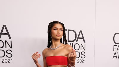 Zendaya, in Vera Wang, poses on the carpet at the 2021 CFDA Awards in New York on November 10, 2021. Reuters