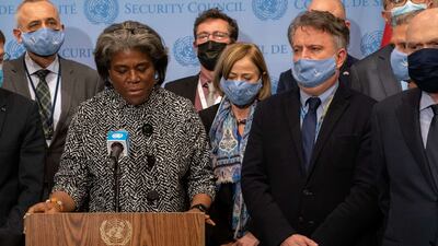 Ambassador Linda Thomas-Greenfield, Washington’s Permanent Representative to the UN, addresses the media after the UN Security Council meeting in New York on February 25, 2022. Her Ukrainian counterpart, Sergiy Kyslytsya, is by her side. Getty