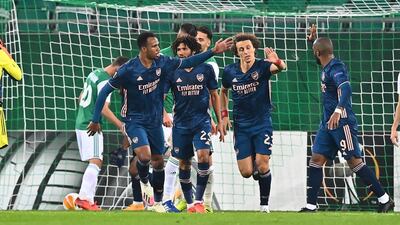 Arsenal's David Luiz , second right, celebrates his goal. AFP