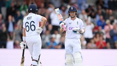 Ollie Pope of England celebrates reaching his fifty. He finished the day unbeaten on 81. Getty