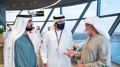 Sheikh Mohammed bin Rashid, Vice President and Ruler of Dubai, Sheikh Abdullah bin Zayed, Minister of Foreign Affairs and International Co-operation, and Sheikh Hamdan bin Mohamed at Shams Tower. Photo: Hamad Al Kaabi / Ministry of Presidential Affairs