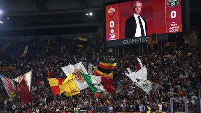 An image of Roma manager Jose Mourinho is displayed on the big screen before the match at the Stadio Olimpico. Reuters
