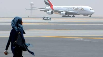 Text: Emirates Airline is aggressively expanding its capacity, ordering 62 wide-bodied aircraft in the first half alone.