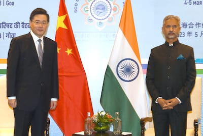 Chinese Foreign Minister Qin Gang, left, and Indian Foreign Minister Subrahmanyam Jaishankar meet on the sidelines of the Shanghai Co-operation Organisation foreign ministers meeting in Goa. AP