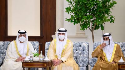 Sheikh Tahnoon bin Mohamed Al Nahyan, Ruler's Representative in Al Ain Region, Sheikh Hamdan bin Mohamed, Crown Prince of Dubai, and Sheikh Hamdan bin Zayed, Ruler’s Representative in Al Dhafra Region, attend an Eid Al Adha reception at Mushrif Palace.
