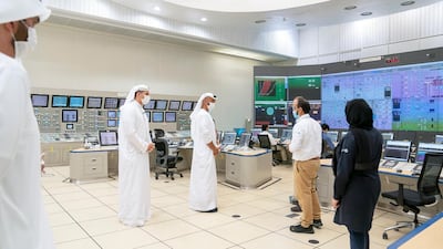 Sheikh Mohamed on the tour. When all four units are operating, the plant will supply 25 per cent of the UAE's electricity needs. Mohamed Al Hammadi / Ministry of Presidential Affairs