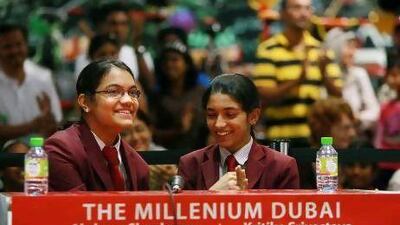 Dubai,United Arab Emirates-May 26, 2012; (L) Akshaya Shankaran and (R) Kritika Srivastava of The Millenium School, Dubai participate at the Quiz Competition in Dubai . ( Satish Kumar / The National ) For News