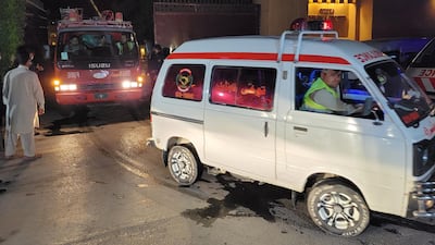 Ambulance leave the scene of a bomb blast at the parking lot of Serena hotel in Quetta, provincial capital of Balochistan province, Pakistan. EPA