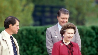 Queen Elizabeth II visits Lane's End horse farm in central Kentucky in 1984. Getty Images