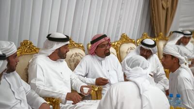 Sheikh Mohamed bin Zayed offers condolences to the family of martyr Warrant Officer Saleh Hassan Saleh bin Amro. Mohamed Al Hammadi / Ministry of Presidential Affairs