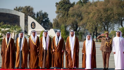 Members of the UAE delegation during the reception at Nur Khan Air Base. Mohamed Al Hammadi / UAE Presidential Court