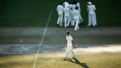 Mitchell Johnson of Australia leaves the pitch after being dismissed by Yasir Shah of Pakistan during Day 5 of the first Test between Pakistan and Australia at Dubai International Stadium yesterday, a rare setback for Australia considering their recent form. Warren Little / Getty Images