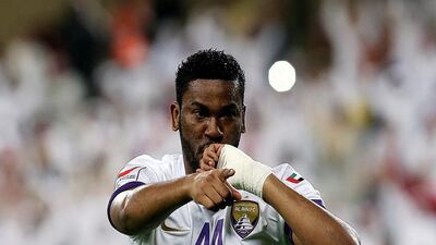 Fares Juma of Al Ain celebrates after scoring a goal against Al Wahda during their Arabian Gulf League match at the Hazza bin Zayed stadium in Al Ain on December 10, 2014. Satish Kumar / The National