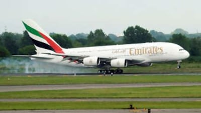 Emirates' Airbus A380 touches down on Aug 1 at John F Kennedy International Airport in New York.