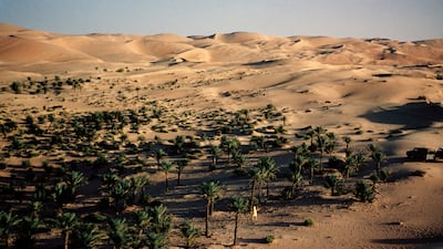 Jean Horan, wife of Dr Alan Horan, walking through a palm grove in Liwa during the early 1960s. Photo: Dr Alan Horan © UAE National Library and Archives