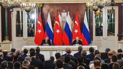 Russian President Vladimir Putin and Turkish President Recep Tayyip Erdogan give a joint press conference at the Kremlin in Moscow on April 8, 2019. AFP