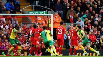 Norwich score the equaliser against Liverpool that earned the visitors a draw. Alex Livesey / Getty Images