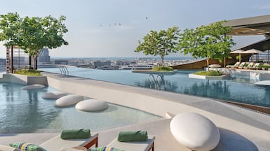 The landscaped pool terrace at Mandarin Oriental Downtown, Dubai. Photo: Mandarin Oriental