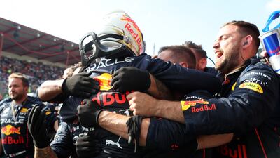 Max Verstappen of Red Bull Racing celebrates with his team. Getty Images